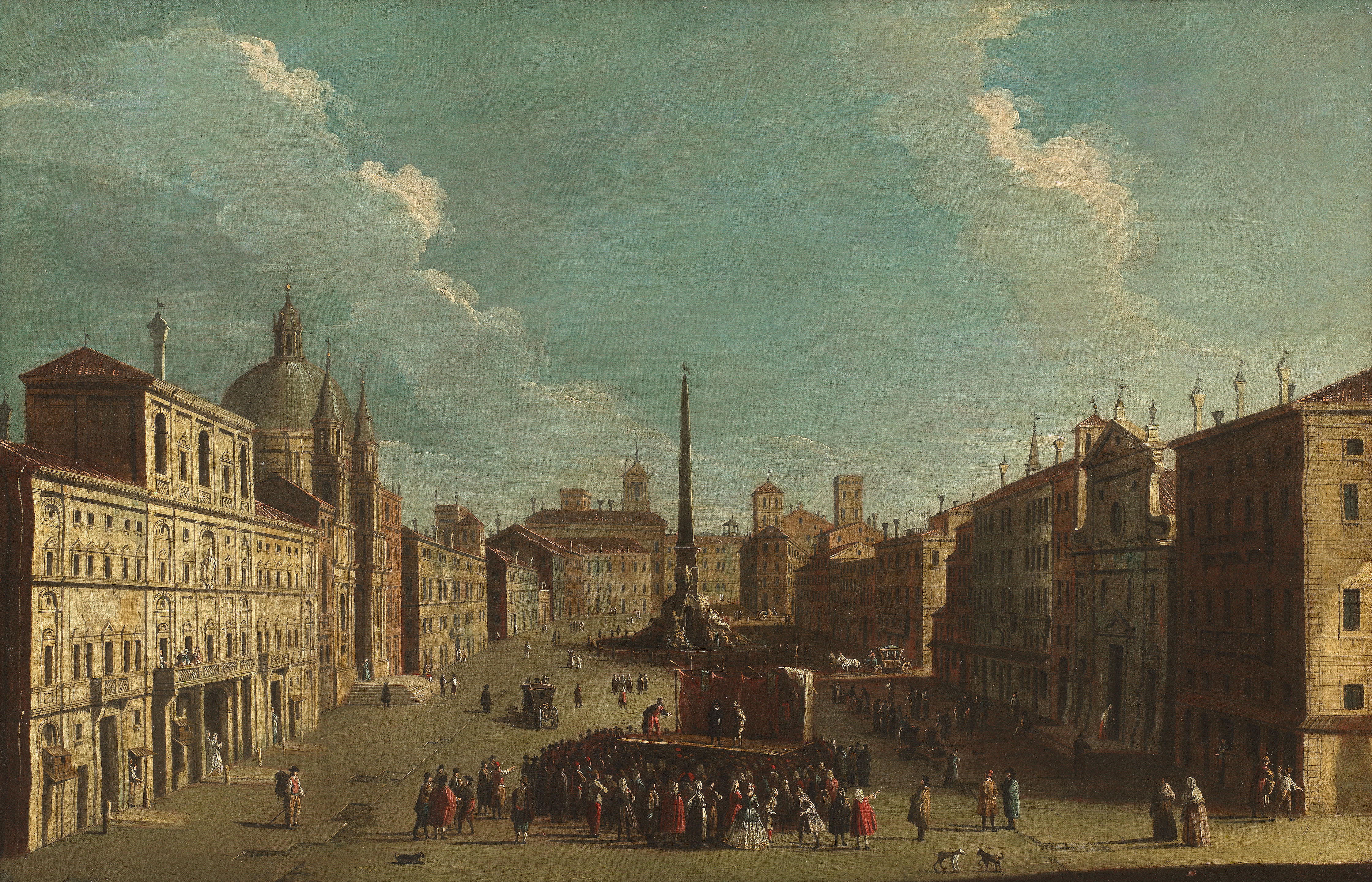 View of the Piazza Navona, Rome,  with a Commedia dell’Arte performance